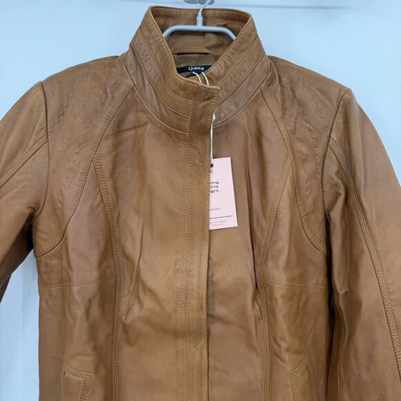 Quince 100% Leather Stand-Collar Jacket size M Women's in Cognac Brown Full Zip - Picture 4 of 16